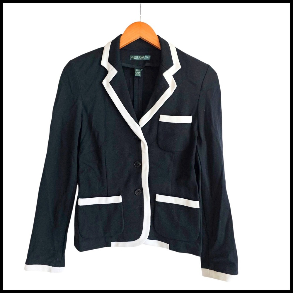 Lauren Active Blazer‎ Black & White Trim Career Jacket Business Casual S Small